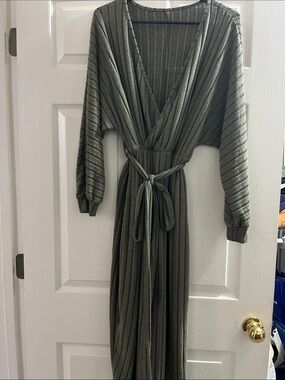 Wrap-Front Ribbed Maxi Dress in Olive Green
